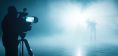 Fototapeta premium A silhouette filming in a foggy environment, with a camera capturing the mysterious scene illuminated by soft light.