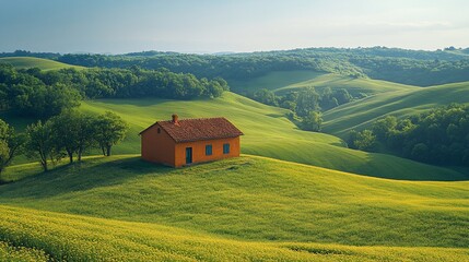 Orange House on Rolling Green Hills and Yellow Flowers