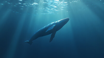 Fototapeta premium A blue whale swims alone in the deep ocean