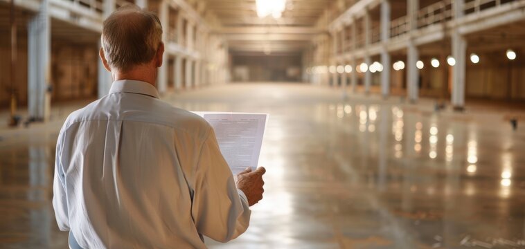 A person studies blueprints in an expansive, empty industrial space, showcasing the vast potential for development and renovation.