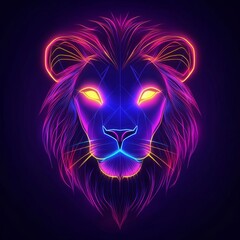 Neon lion head, vibrant colors, glowing mane.