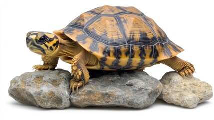 Obraz premium A realistic turtle figurine resting on rocks, showcasing its vibrant shell and intricate details.