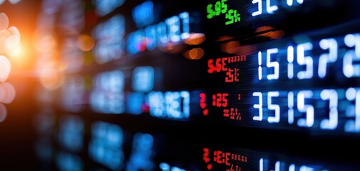 Obraz premium A digital display shows fluctuating stock prices, highlighting the dynamic nature of financial markets with bright, colorful numbers.