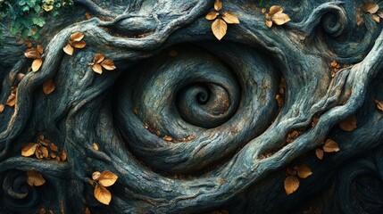 Swirling tree roots, autumn leaves, dark texture.