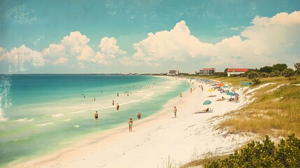 Obraz premium Tranquil Beach Scene Summer Vacationers Enjoying Coastal Paradise