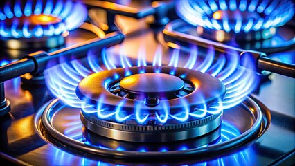 Closeup of a Gas Stove Burner Ignited with Blue Flames and Sparks, Highlighting Cooking Energy, Kitchen Appliances, and Culinary Power in a Modern Kitchen Setting