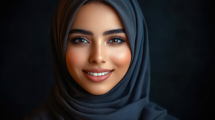 Fototapeta premium Portrait of a Smiling Muslim Woman Wearing Hijab on Black Background, Showcasing Confidence, Beauty, and Culture