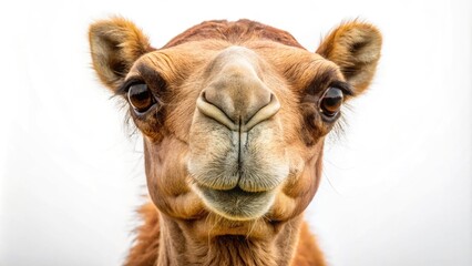 Obraz premium Close-Up of Arabian Camel Head Facing Camera, Isolated on White Background, Detailed Zoom of Camel Face, Animal Portrait, Wildlife Photography, Exotic Desert Species, Nature Close-Up