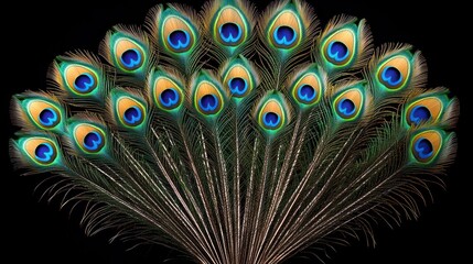 Vibrant peacock feathers arranged in a fan shape against a black background. © RONNY