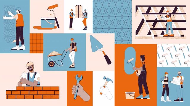 Diverse builders contractors animated bento grid layout. Hardhat wear people. Renovation construction workers foremen 2D animation flat cartoon ui collage design. 4K video motion graphic collection