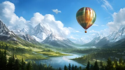 Fototapeta premium Hot Air Balloon over Majestic Mountain Lake and Valley