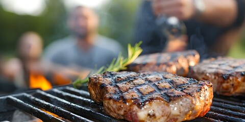 Grilled steaks cooking on a barbecue with smoke rising, while people socialize in the background. Concept Grilling Techniques, BBQ Party Atmosphere, Perfectly Cooked Steaks, Socializing with Friends