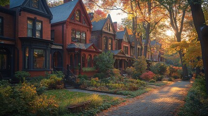 Autumnal Brick Houses Line a Sunlit Street