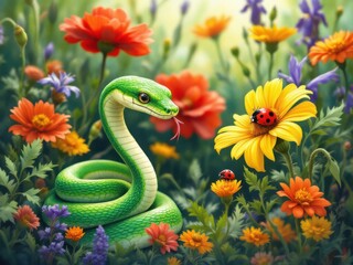 Fototapeta premium Vibrant Green Snake in a Colorful Flower Garden with Ladybugs