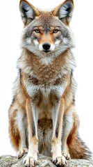 Obraz premium A close-up of a coyote sitting confidently against a white background.
