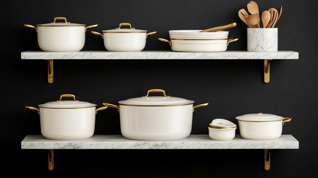 Stylish kitchen and shelf displays, A stylish arrangement of white cookware on marble shelves, complemented by wooden utensils, against a dark background.