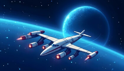 Fototapeta premium A vibrant pixel art spaceship flying in space, accompanied by planets and a backdrop of shining stars