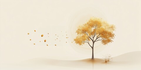Golden Tree in a Minimalist Autumn-Inspired Landscape