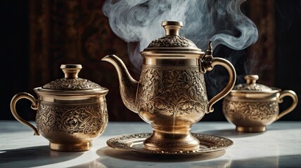 A gold tea set with a teapot, a cup and a saucer