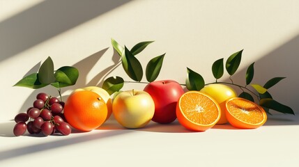 Vivid Fruit Arrangement with Grapes, Apples, and Oranges in Natural Light