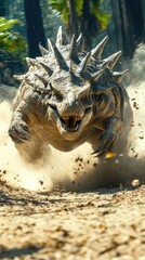 A fierce, spiked creature charges through a dusty forest environment.