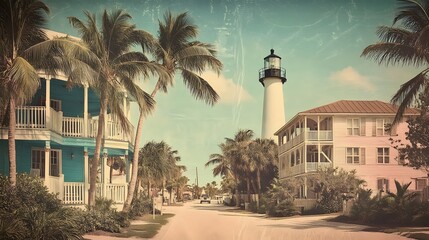 Fototapeta premium Tropical Street Scene With Lighthouse And Palm Trees