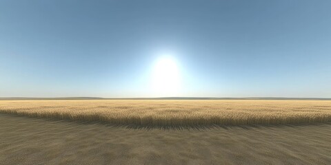 A serene landscape featuring a vast field under a clear sky with a bright sun.