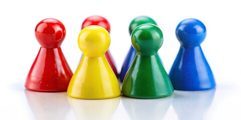 Colorful Board Game Pawns - Red, Green, Blue, Yellow Game Pieces Isolated on White Background for Candid Photography, Board Games, Fun, Leisure, and Playful Themes