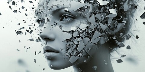 Surreal Portrait of a Woman with Fragmented Face in Abstract Digital Art Style