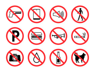 Prohibition sign set. No phone, guns, loud noise, trespassing, food, alcohol, dog, park, taking photos, smoking, and water allowed icon bundle.