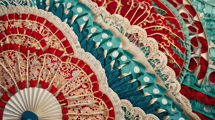 A colorful fan with red, blue, and white designs