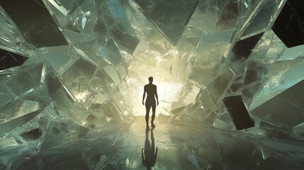 Silhouette of Person Walking Through Shattered Glass Tunnel with Dramatic Light and Reflections
