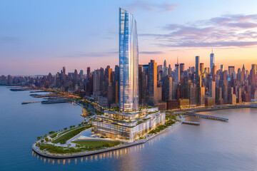 Naklejka premium Stunning aerial view of a modern skyscraper on a waterfront peninsula overlooking the Manhattan skyline at sunset.