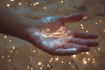 Fototapeta premium Hand Reaching Out with Cosmic Stars and Glowing Light Effect