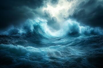 Dramatic Ocean Waves Crashing Under Stormy Sky