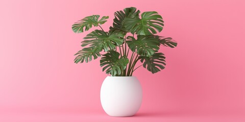 Minimalist Monstera Plant in a Modern White Vase on Pink Background
