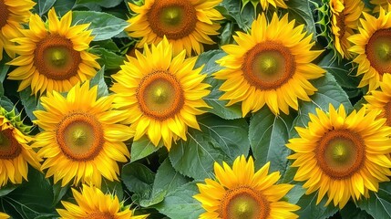 Fototapeta premium Vibrant Yellow Sunflowers Blooming Abundantly In Green Foliage