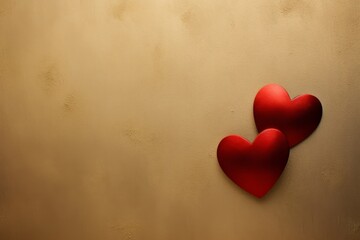 Fototapeta premium Two red hearts on a soft beige background convey feelings of love and affection in a simple yet elegant design