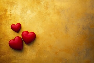 Fototapeta premium Red hearts on a golden background symbolize love and affection during a romantic celebration