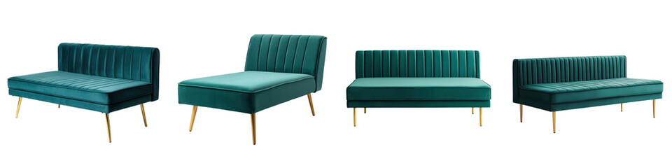 Obraz premium A luxurious and inviting living room setting featuring a series of cozy green velvet tufted sofas with gold metal legs creating a comfortable and stylish contemporary interior design