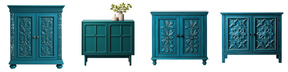Beautifully crafted vintage inspired teal green wooden cabinets dressers and sideboards with intricate floral carvings and designs perfect for adding a touch of classic