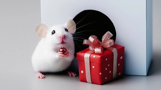 Un rat&oacute;n blanco sac&oacute; un regalo de cumplea&ntilde;os de un agujero en la pared blanca.