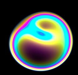 Abstract futuristic 3D illustration of a amorphous liquid form in holographic iridescent colors made and chrome plated material. An image on the theme of biotechnology and physics.