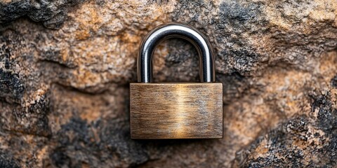 A close-up of a metallic padlock on a textured stone surface. Concept Metallic Padlock Detail, Textured Stone Background, Close-Up Photography, Security Symbolism, Surface Contrast