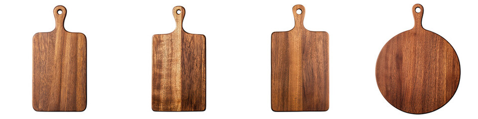 Fototapeta premium Assortment of natural textured wooden cutting boards in a homemade kitchen setting used for food serving a variety of homemade organic meals and ingredients