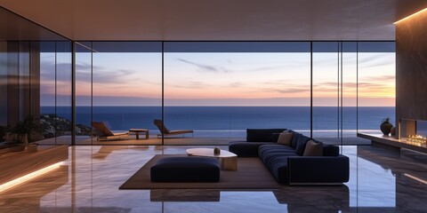 Modern Oceanfront Living Room with Panoramic Glass Views