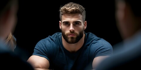 Obraz premium A focused man with a beard and short hair stares directly at the viewer, set against a dark background. Concept Bearded Man Portrait, Intense Gaze, Dark Background, Emotional Expression