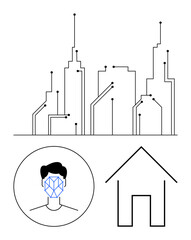 Minimalistic city skyline connecting digital nodes, facial recognition portrait in circle, and outlined home structure. Ideal for technology, security, urban planning, AI, IoT, smart homes abstract
