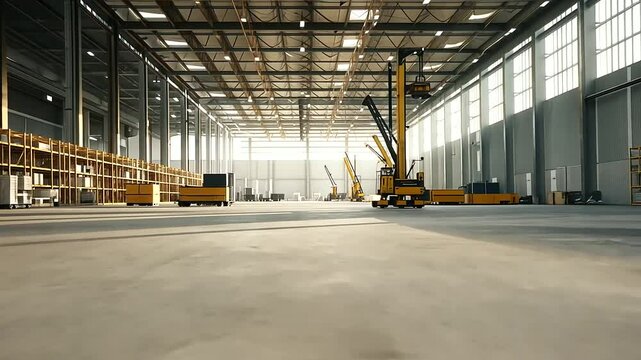Open Warehouse with Cranes and Industrial Shelving