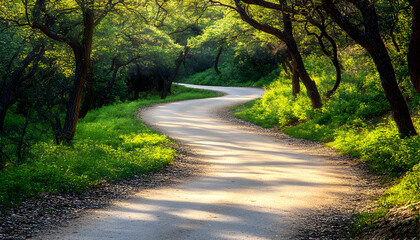 Fototapeta premium Serene winding path through lush green forest, bathed in sunlight. Peaceful nature scene, perfect for relaxation and tranquility.